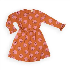 Happy Face Pink Long Sleeve Dress With Ruffles
