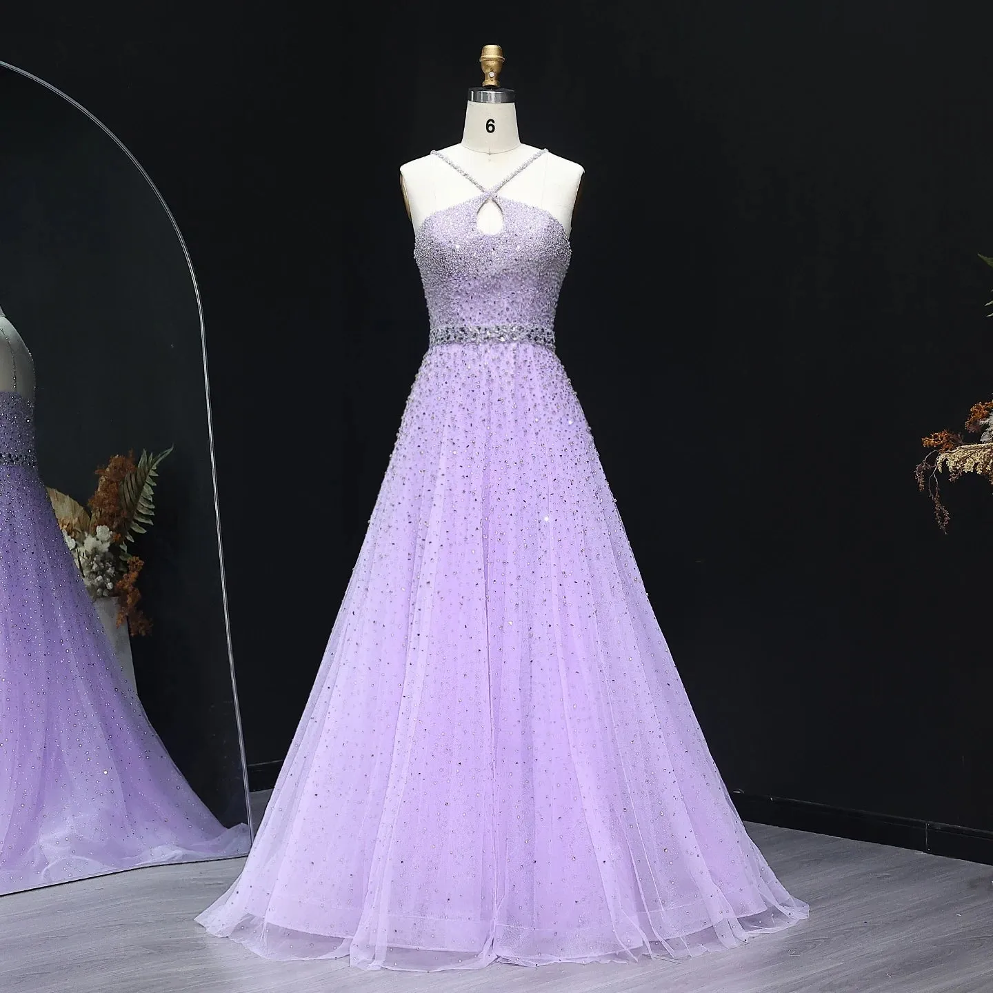 HELEN Luxury Sparkly Crystal Pink Criss-Cross Evening Dress