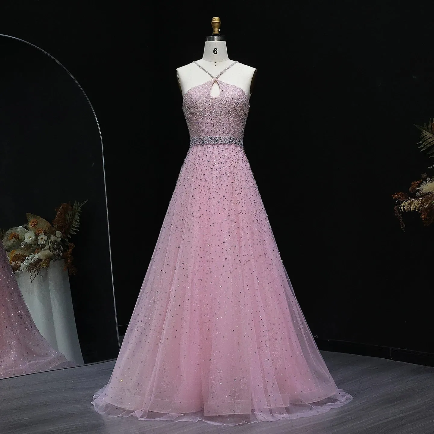 HELEN Luxury Sparkly Crystal Pink Criss-Cross Evening Dress