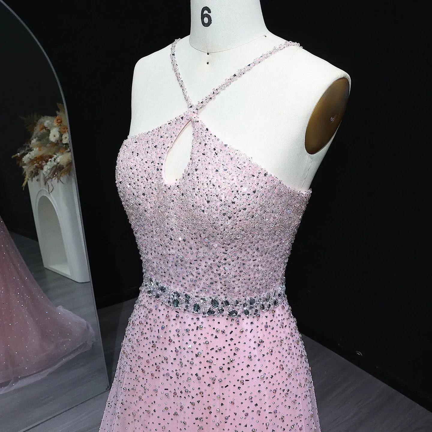 HELEN Luxury Sparkly Crystal Pink Criss-Cross Evening Dress