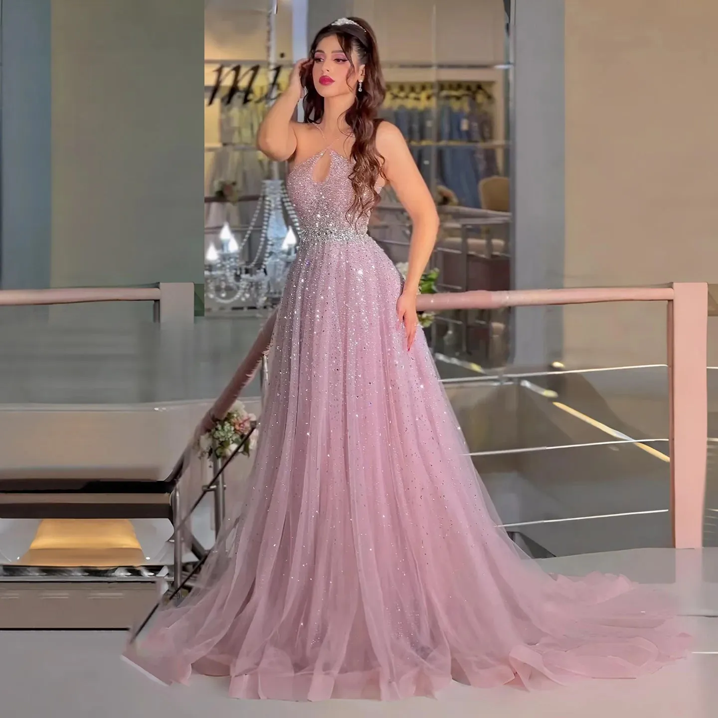 HELEN Luxury Sparkly Crystal Pink Criss-Cross Evening Dress
