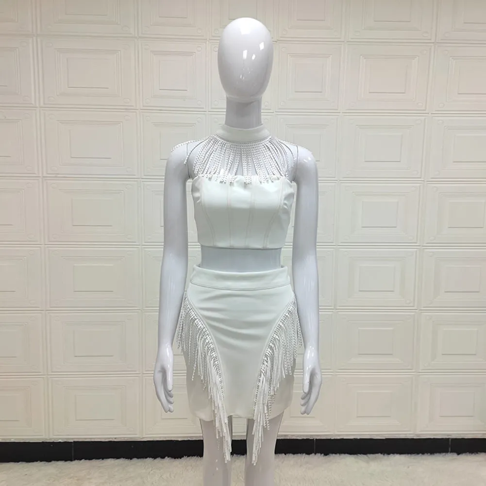 High Neck Sleeveless Tassels Bodycon Set