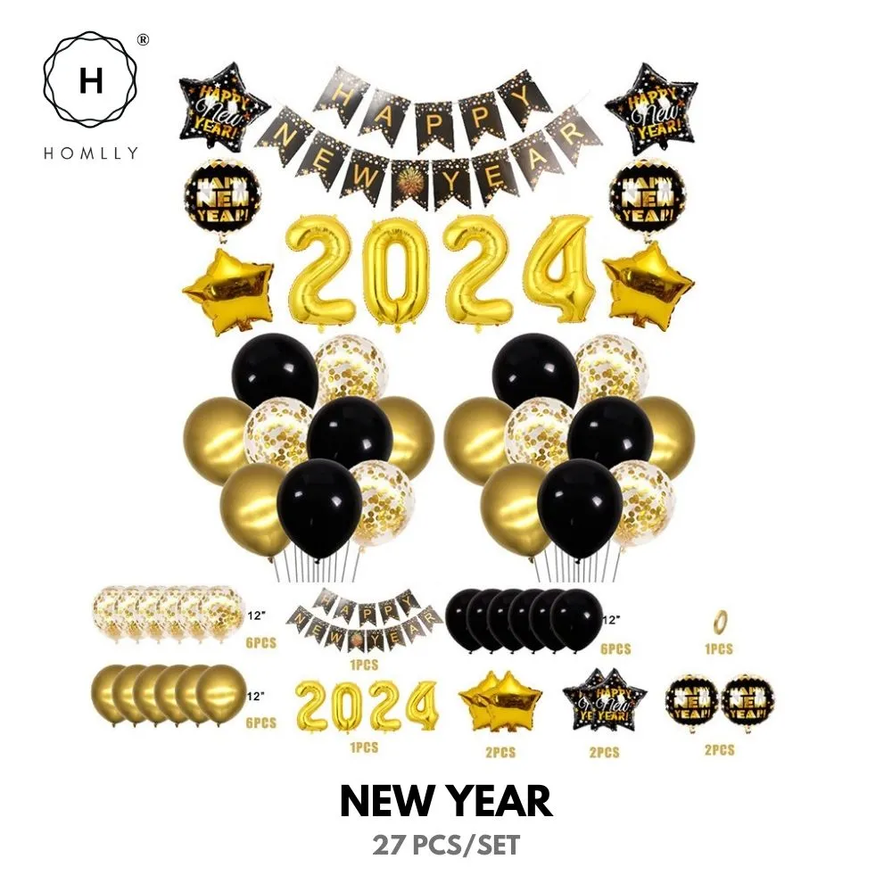 Homlly Happy Birthday Halloween New Year Party Decorations Set with Banner, Paper Flowers, Confetti Metallic Latex Balloons, Hanging Swirls
