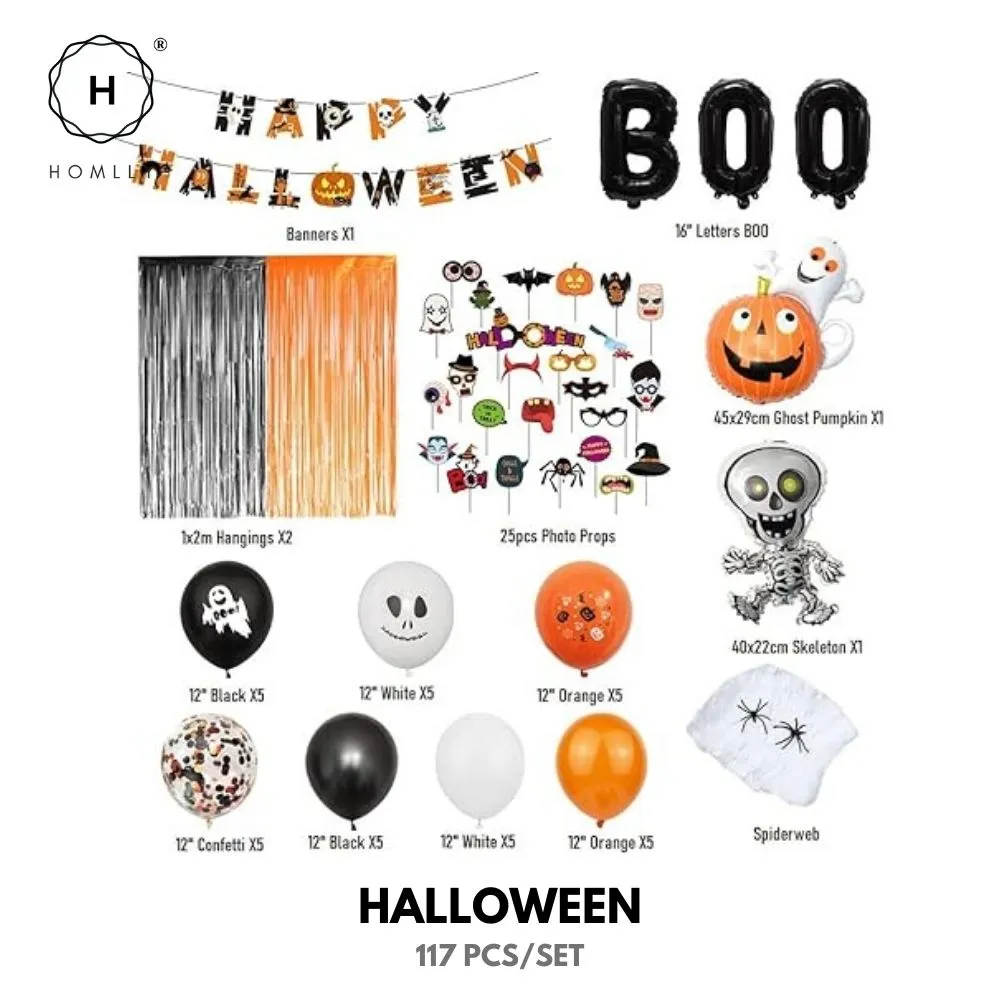 Homlly Happy Birthday Halloween New Year Party Decorations Set with Banner, Paper Flowers, Confetti Metallic Latex Balloons, Hanging Swirls
