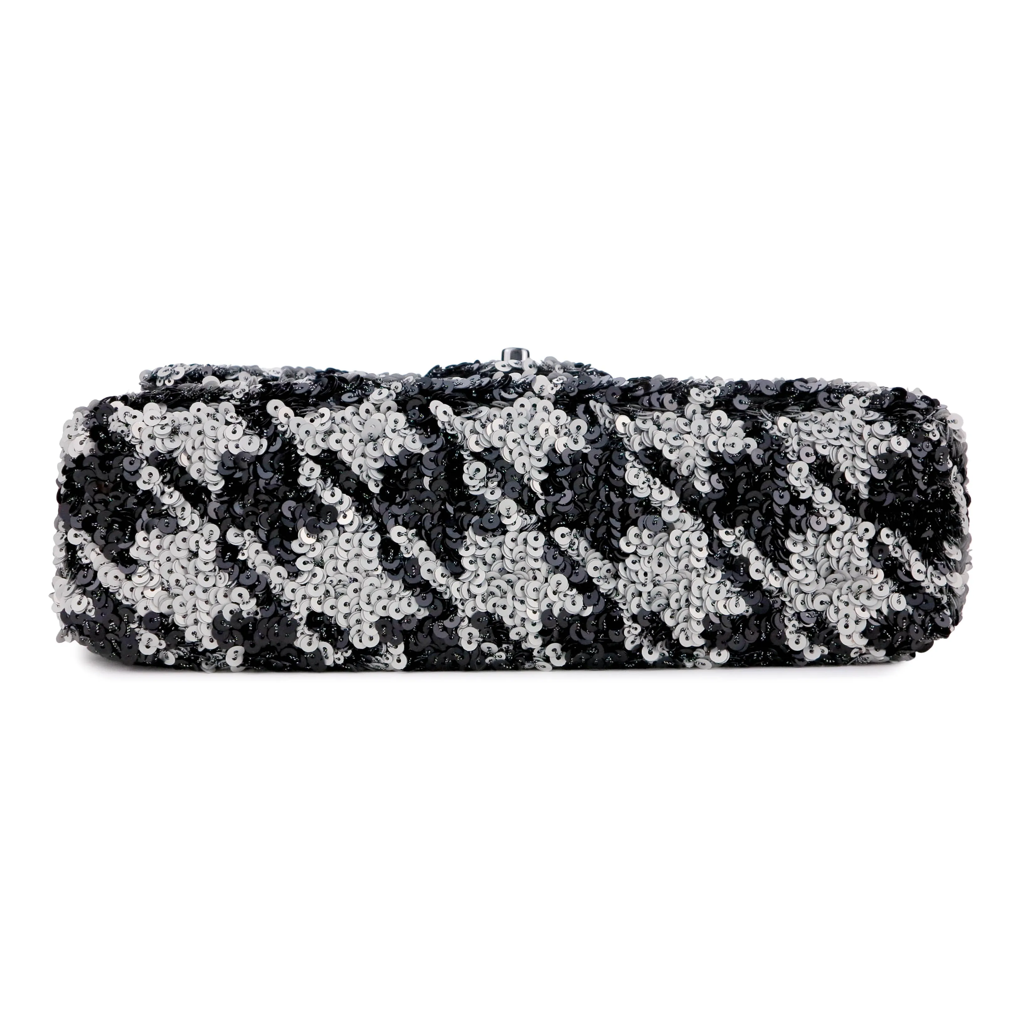 Houndstooth Sequin Medium Flap Bag in Silver and Black
