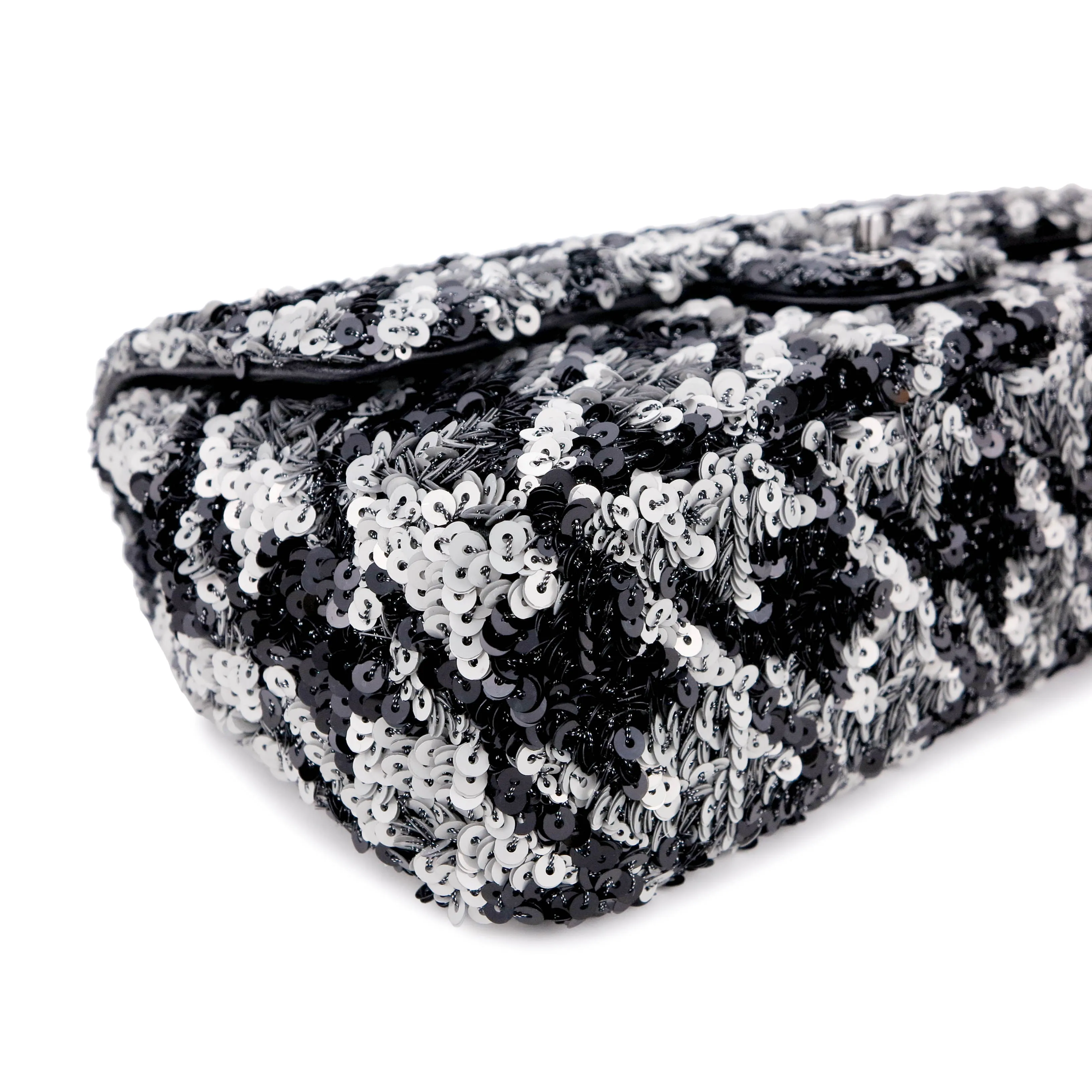 Houndstooth Sequin Medium Flap Bag in Silver and Black