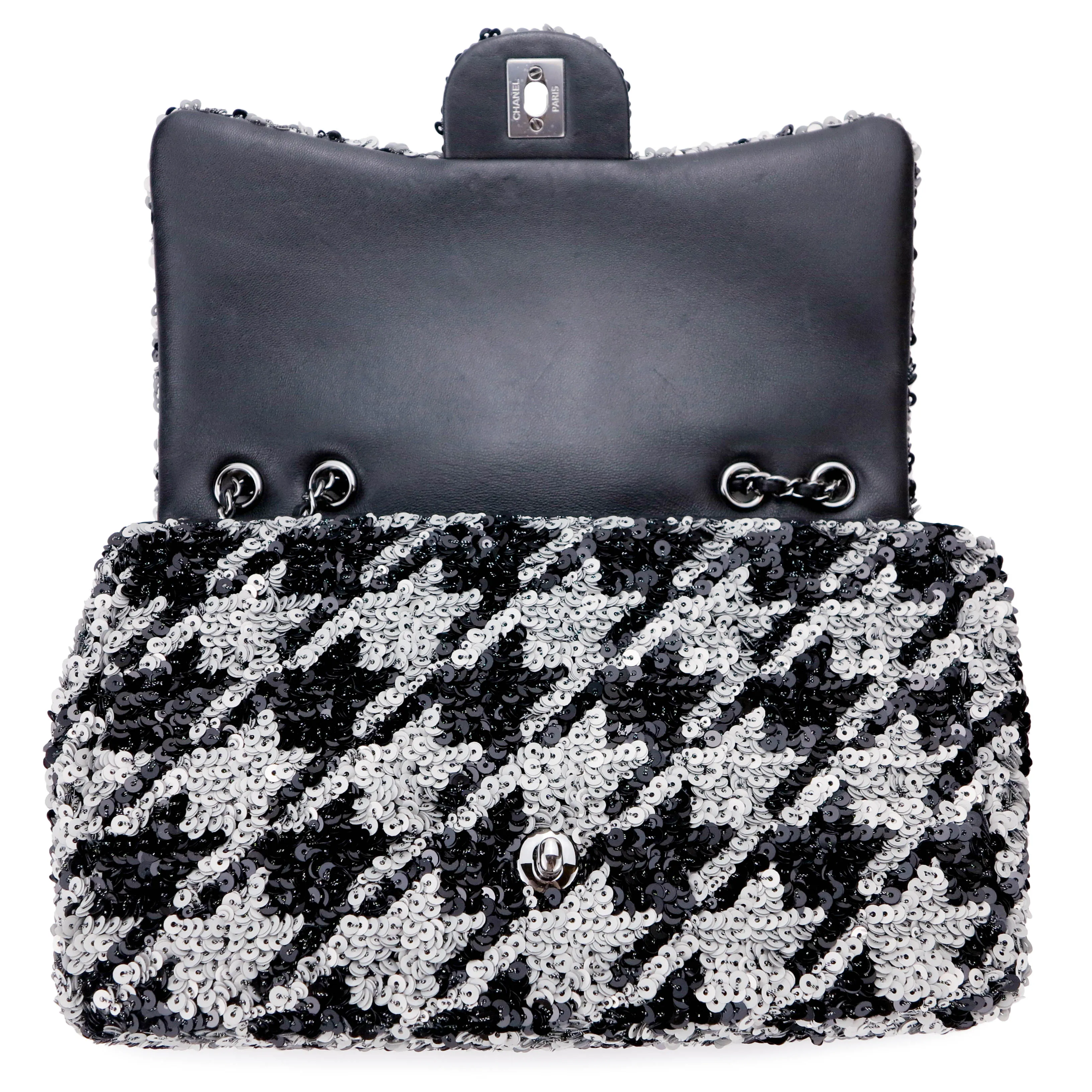 Houndstooth Sequin Medium Flap Bag in Silver and Black