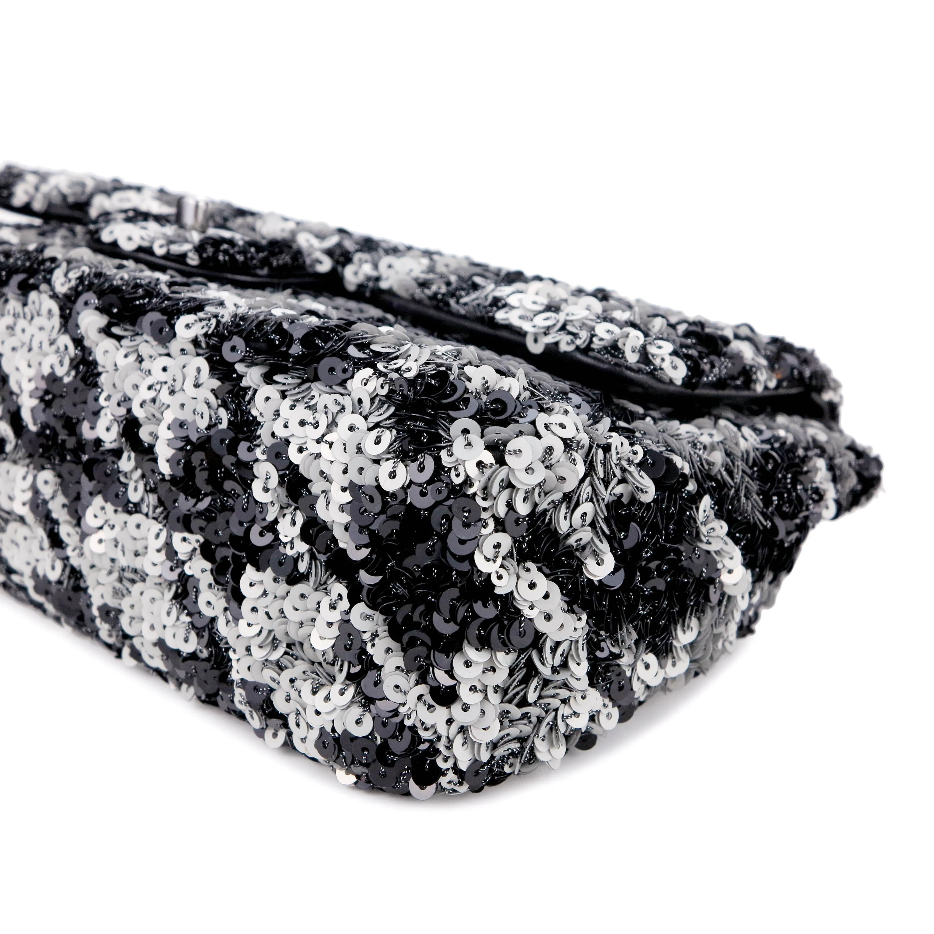 Houndstooth Sequin Medium Flap Bag in Silver and Black
