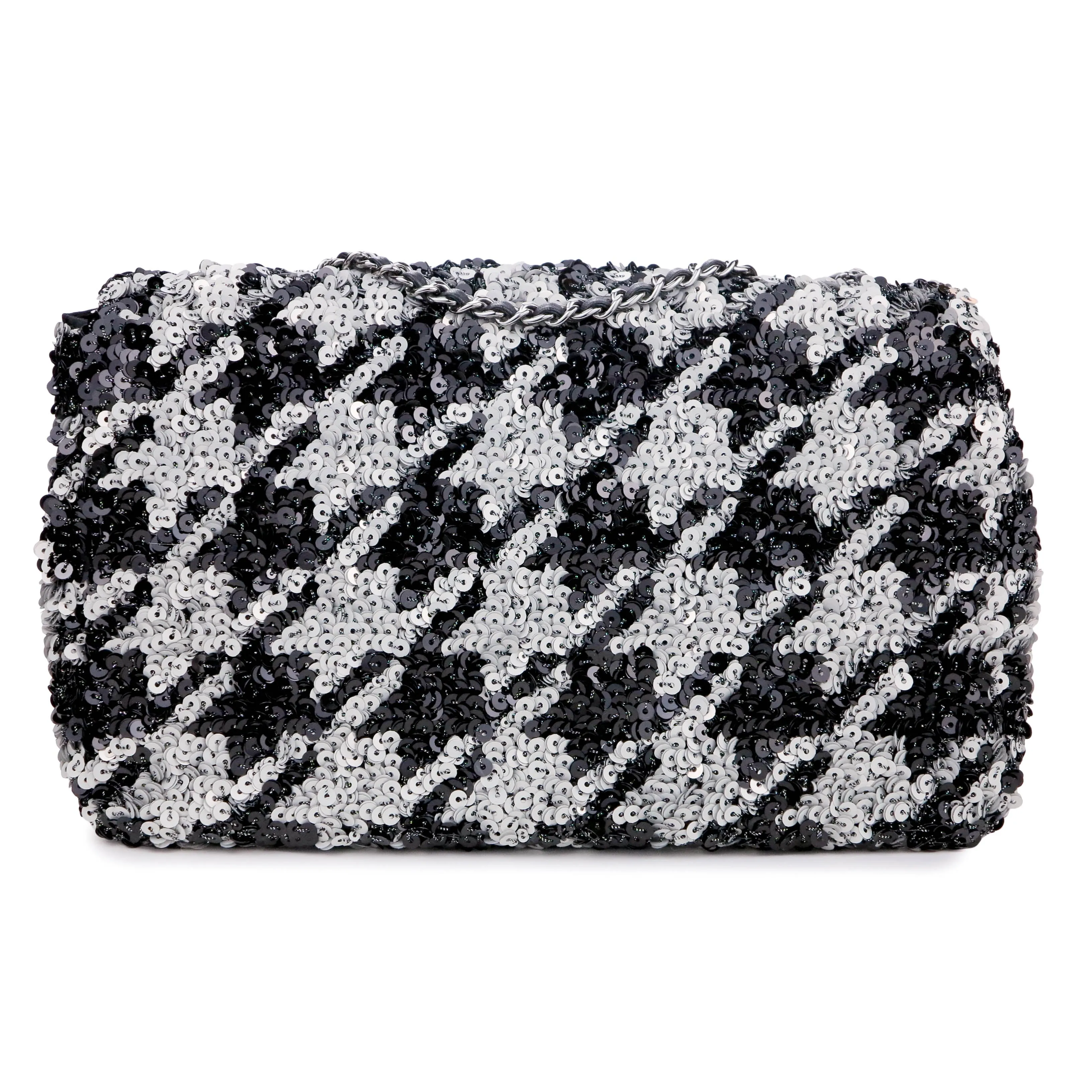 Houndstooth Sequin Medium Flap Bag in Silver and Black