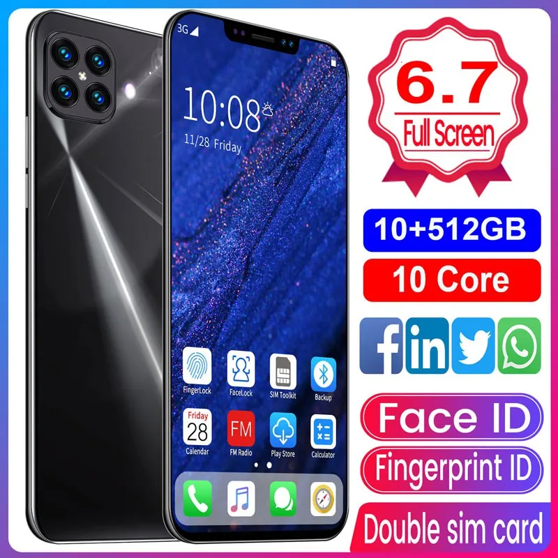 i12 6.7Inch Large Screen Phone Notch Screen Android Quickly Unlock Smartphone(10 512G) black_U.S. plug