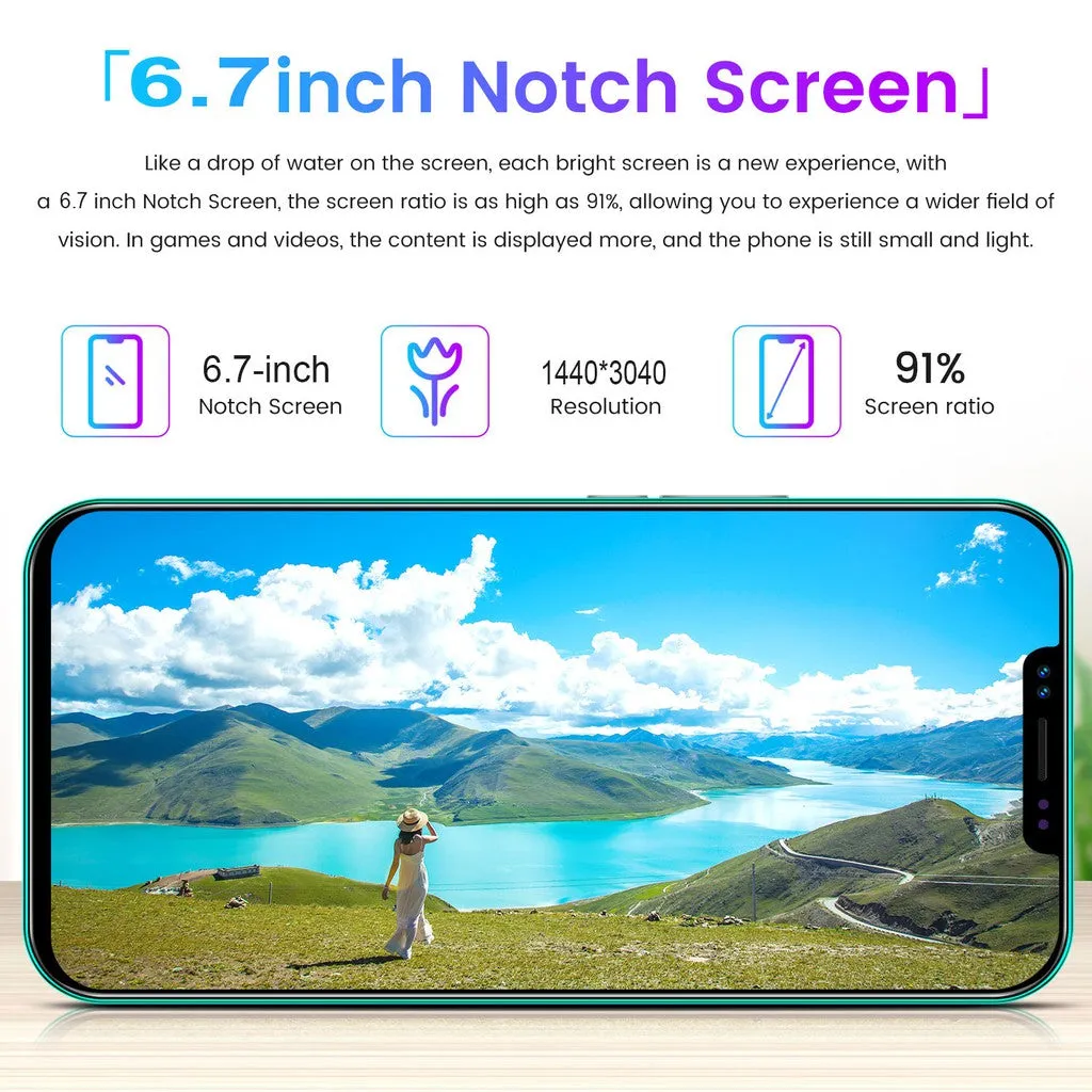 i12 6.7Inch Large Screen Phone Notch Screen Android Quickly Unlock Smartphone(10 512G) black_U.S. plug