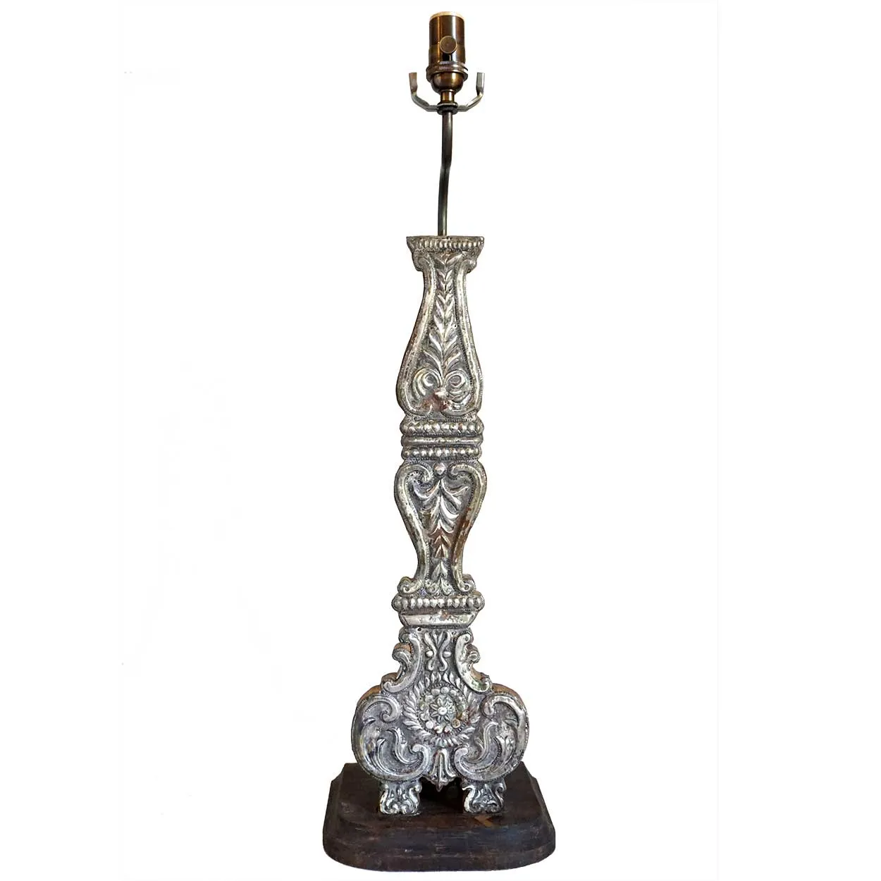 Indo-Portuguese Silver Mounted Teak Candlestick as a One-Light Table Lamp