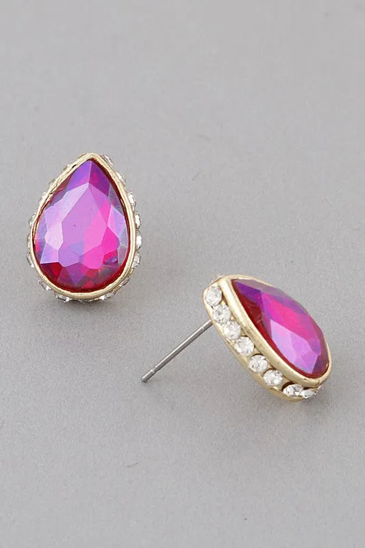 Jeweled Tear Drop Stud Earrings - Gold Purple