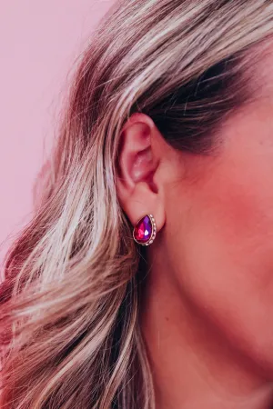 Jeweled Tear Drop Stud Earrings - Gold Purple
