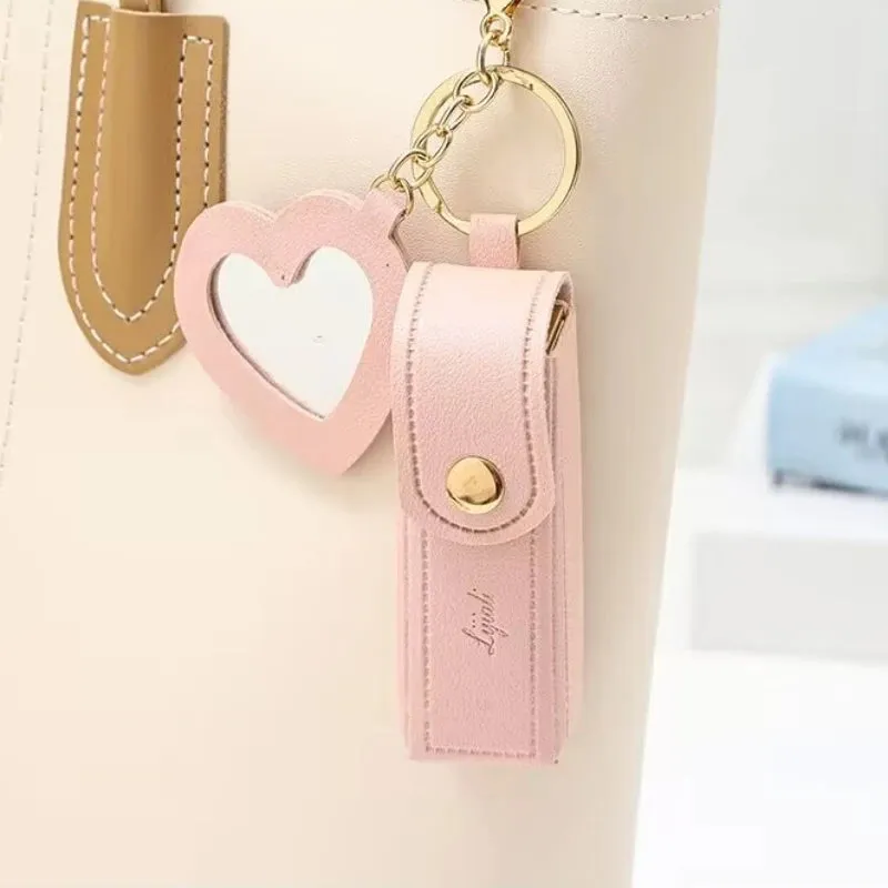 Kawaii Leather Lipstick Keychain Pouch 💄✨ - Cute Makeup Holder with Mirror & Zipper Closure! 👜💕