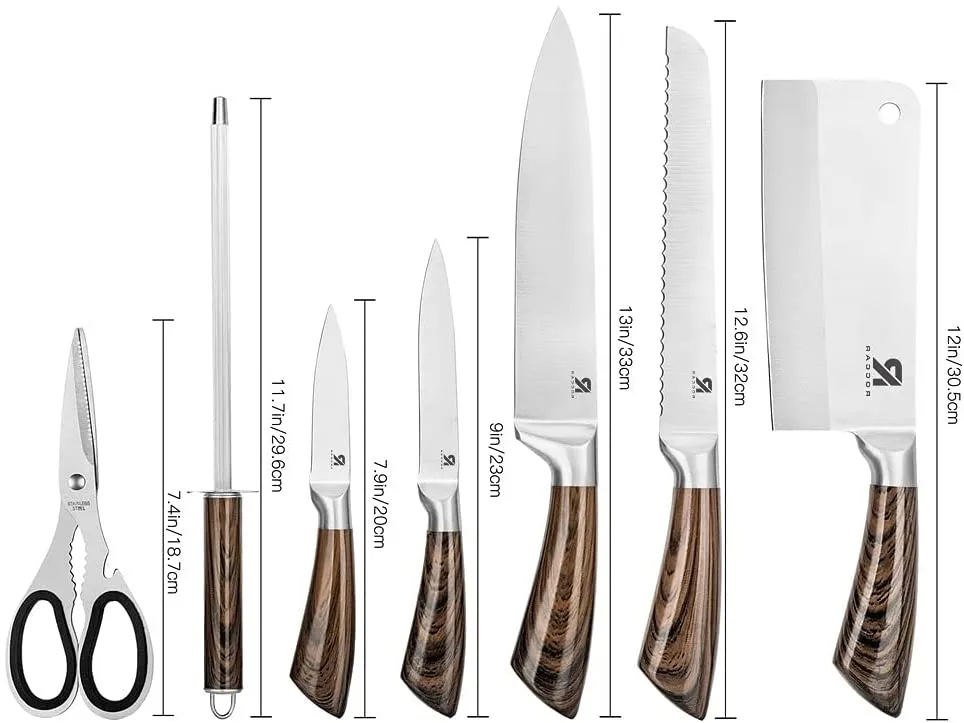 Kitchen Knife Block Set 8 Stainless Steel Knives with Wooden Color