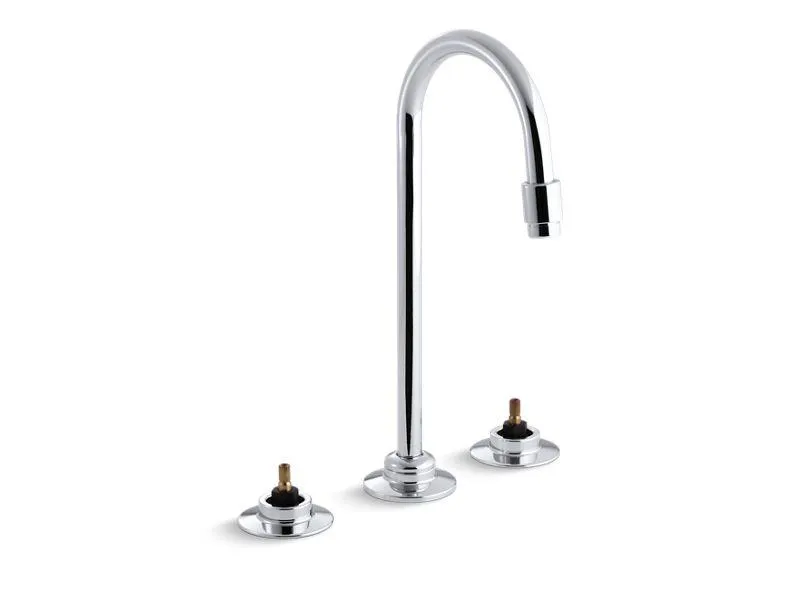 KOHLER K-7304-KE Triton Widespread commercial bathroom sink faucet with rigid connections and gooseneck spout with vandal-resistant aerator, requires handles, drain not included in Polished Chrome