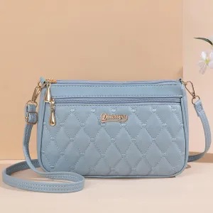 Light Blue PU Leather Quilted Crossbody Bag for Women - Compact Multi-Compartment Shoulder Purse