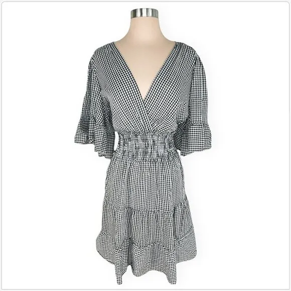 Max Studio Black White Gingham Flutter Sleeve Tiered Smocked Waist Dress NEW XL