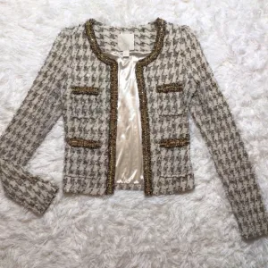 McGinn Elizabeth Tweed Houndstooth Boucle Sequin Blazer Jacket Fancy Small XS