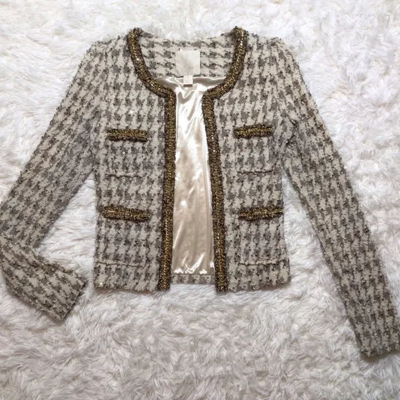 McGinn Elizabeth Tweed Houndstooth Boucle Sequin Blazer Jacket Fancy Small XS