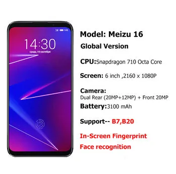 Meizu 16 Smartphone - 6GB RAM, 64GB ROM, Octa Core, 6 Inch, 3100mAh, Fingerprint ID - Blue, EU PLUG