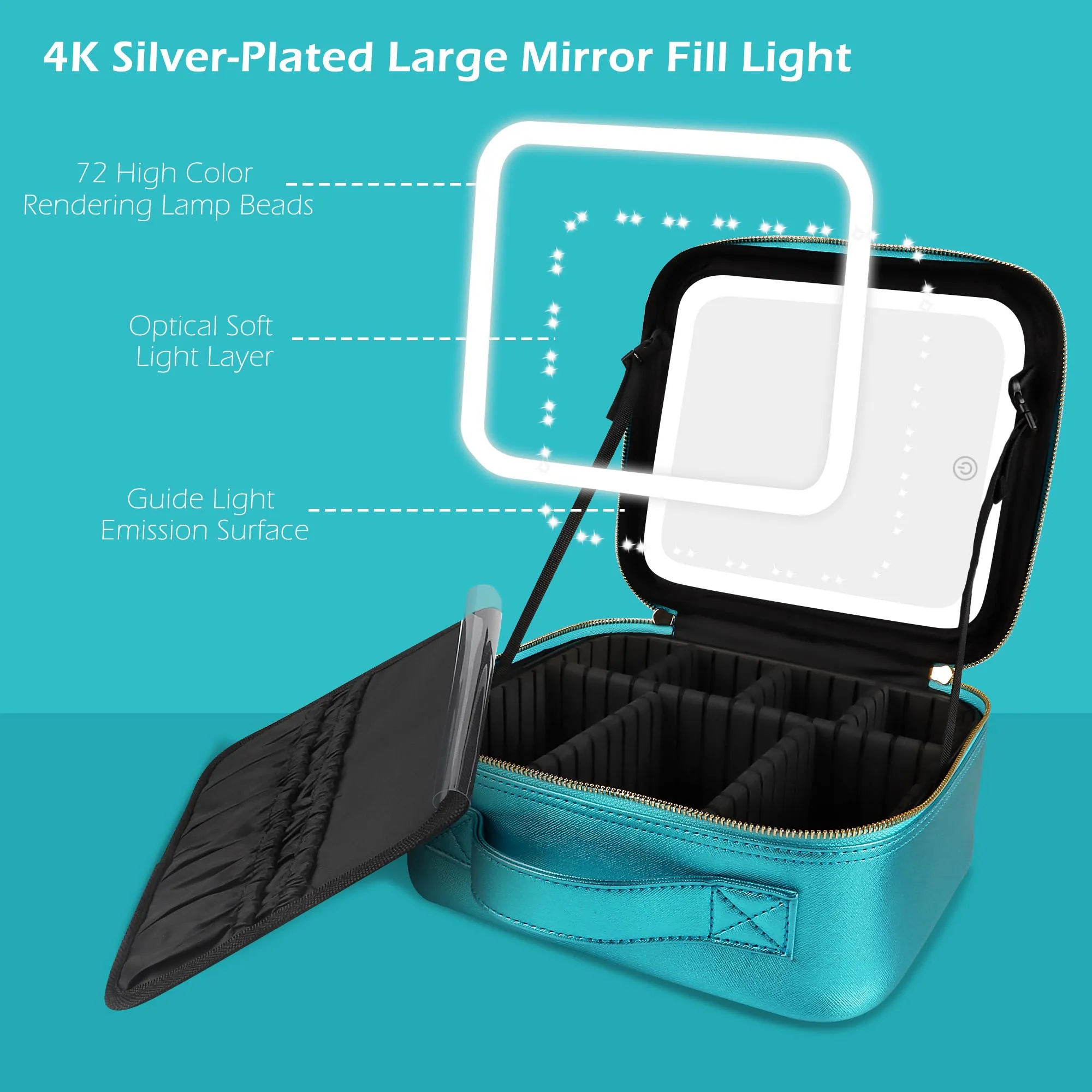 MOMIRA Travel Makeup Bag Cosmetic Bag Makeup Organizer Bag with Large Lighted Mirror 3 Color Scenarios Adjustable Brightness, Waterproof Makeup Travel Case（Brilliant Blue）