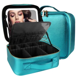 MOMIRA Travel Makeup Bag Cosmetic Bag Makeup Organizer Bag with Large Lighted Mirror 3 Color Scenarios Adjustable Brightness, Waterproof Makeup Travel Case（Brilliant Blue）