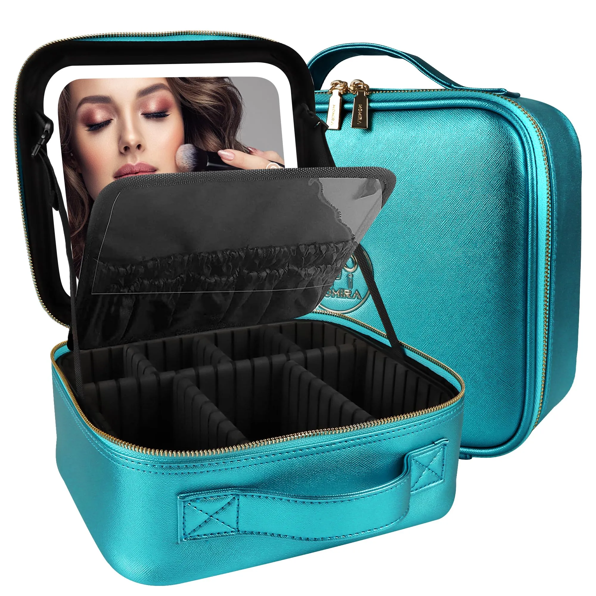 MOMIRA Travel Makeup Bag Cosmetic Bag Makeup Organizer Bag with Large Lighted Mirror 3 Color Scenarios Adjustable Brightness, Waterproof Makeup Travel Case（Brilliant Blue）