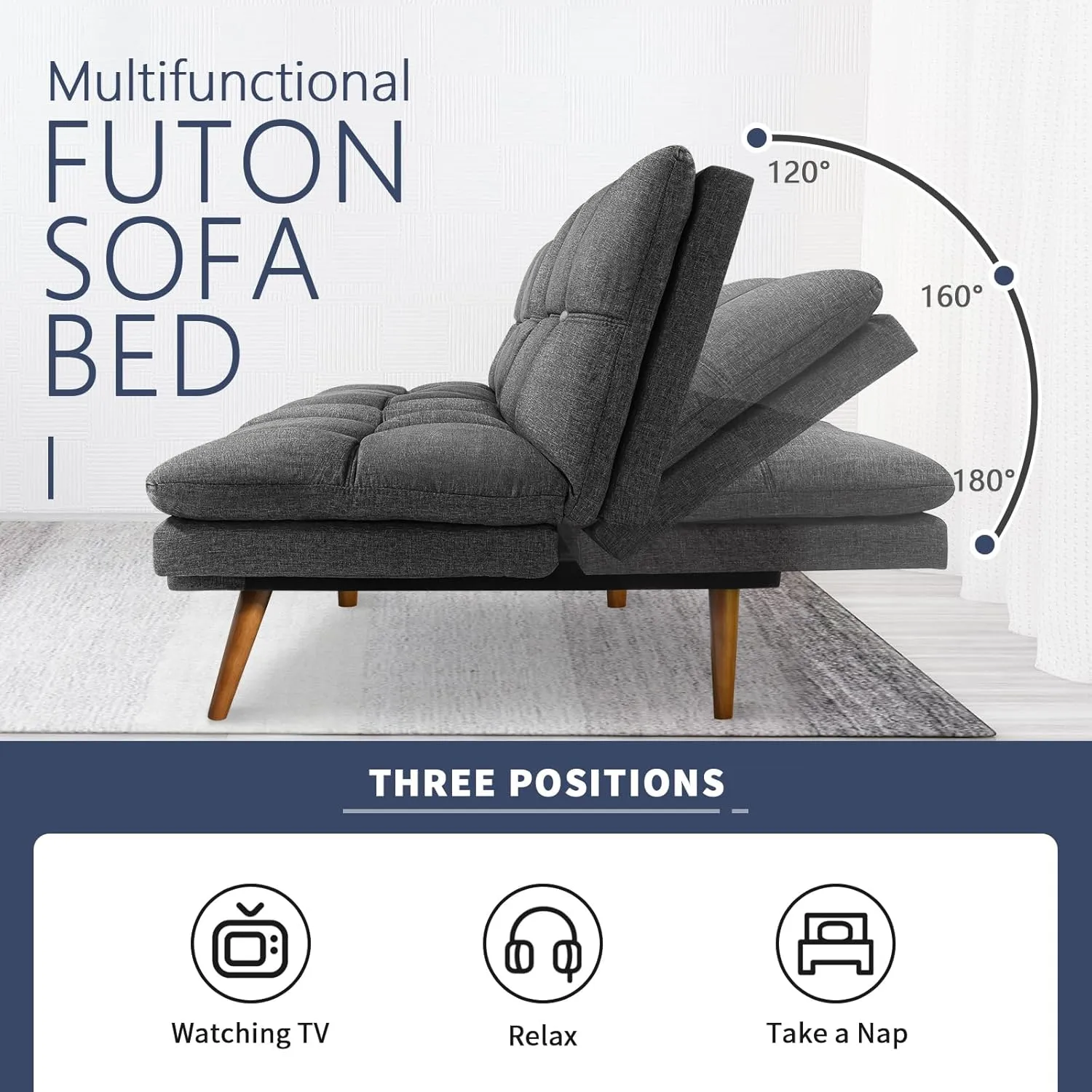 New Assembled Convertible Futon Chair! Add 2 to create a Futon! This is only 1 Piece, Grey! Ours has wooden Legs