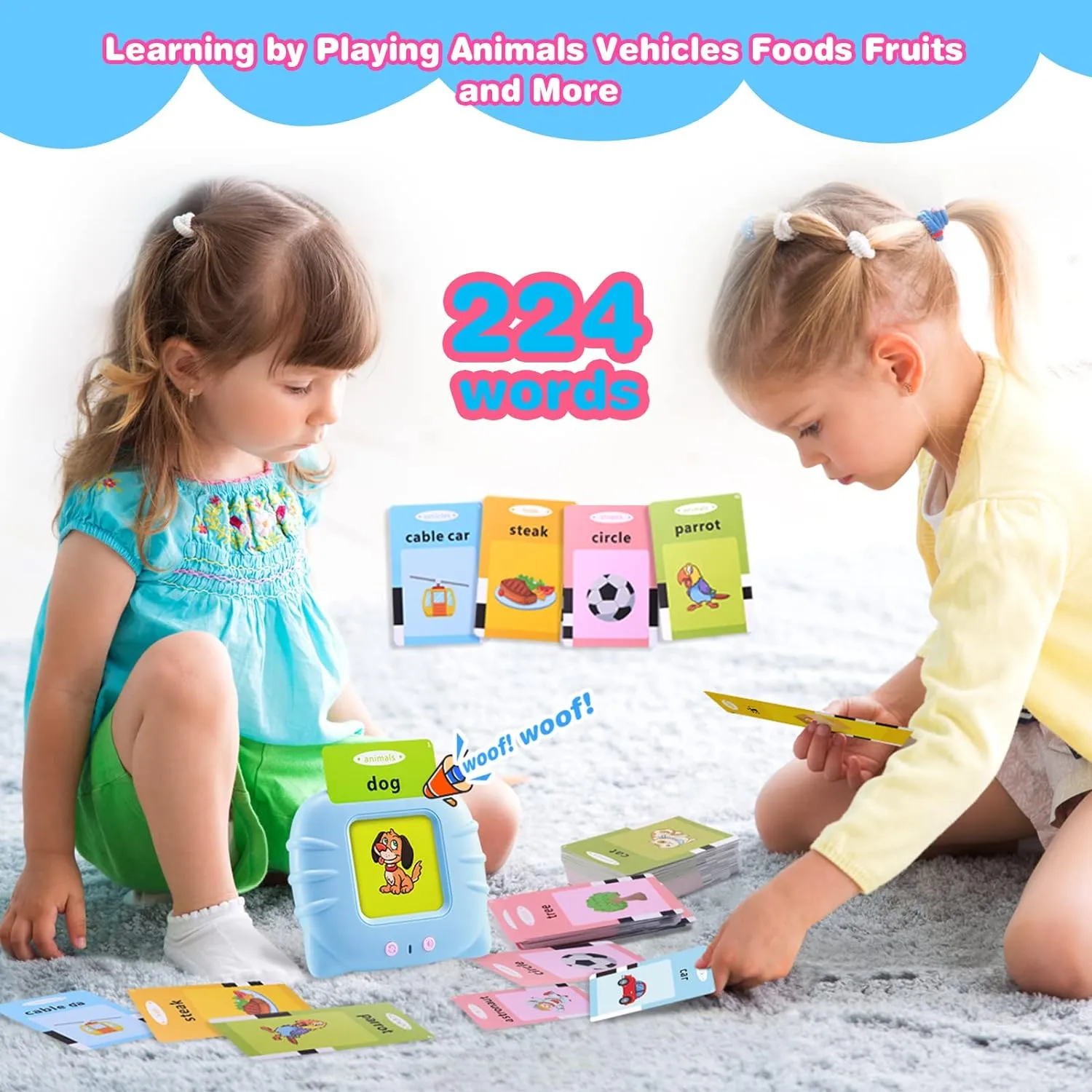 New Card Early 112 Cards Talking Flash Cards Educational Device -Learning Animals Colors Shapes Sight Words Ages for 1-5 Yrs, 224 Words, Pink