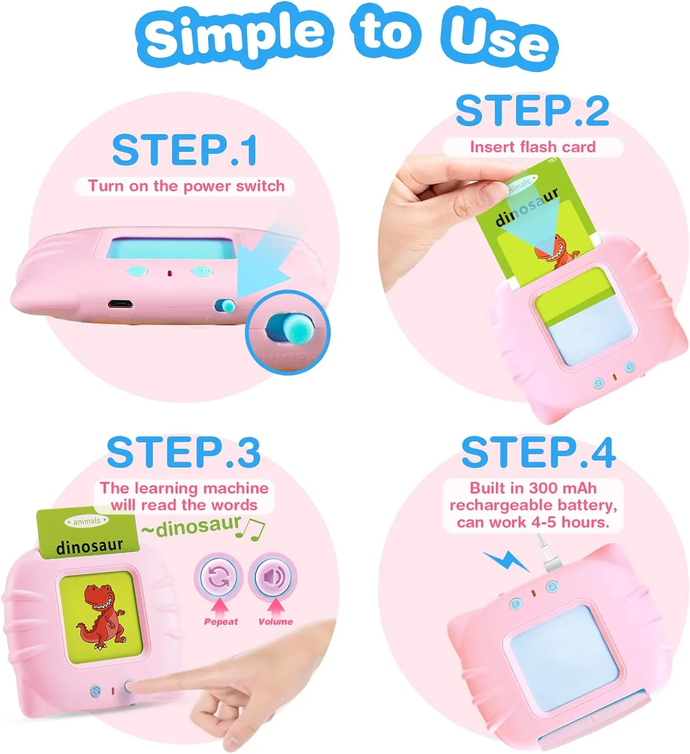 New Card Early 112 Cards Talking Flash Cards Educational Device -Learning Animals Colors Shapes Sight Words Ages for 1-5 Yrs, 224 Words, Pink