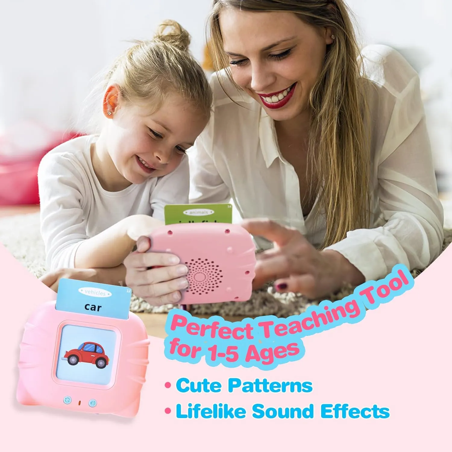 New Card Early 112 Cards Talking Flash Cards Educational Device -Learning Animals Colors Shapes Sight Words Ages for 1-5 Yrs, 224 Words, Pink