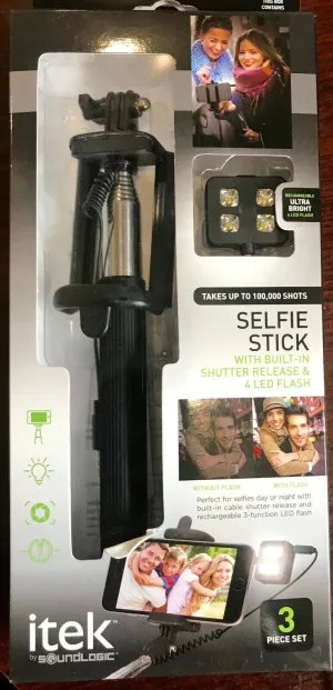 New in package! Itek by Soundlogic Selfie-Stick with built in shutter release & 4 led flash