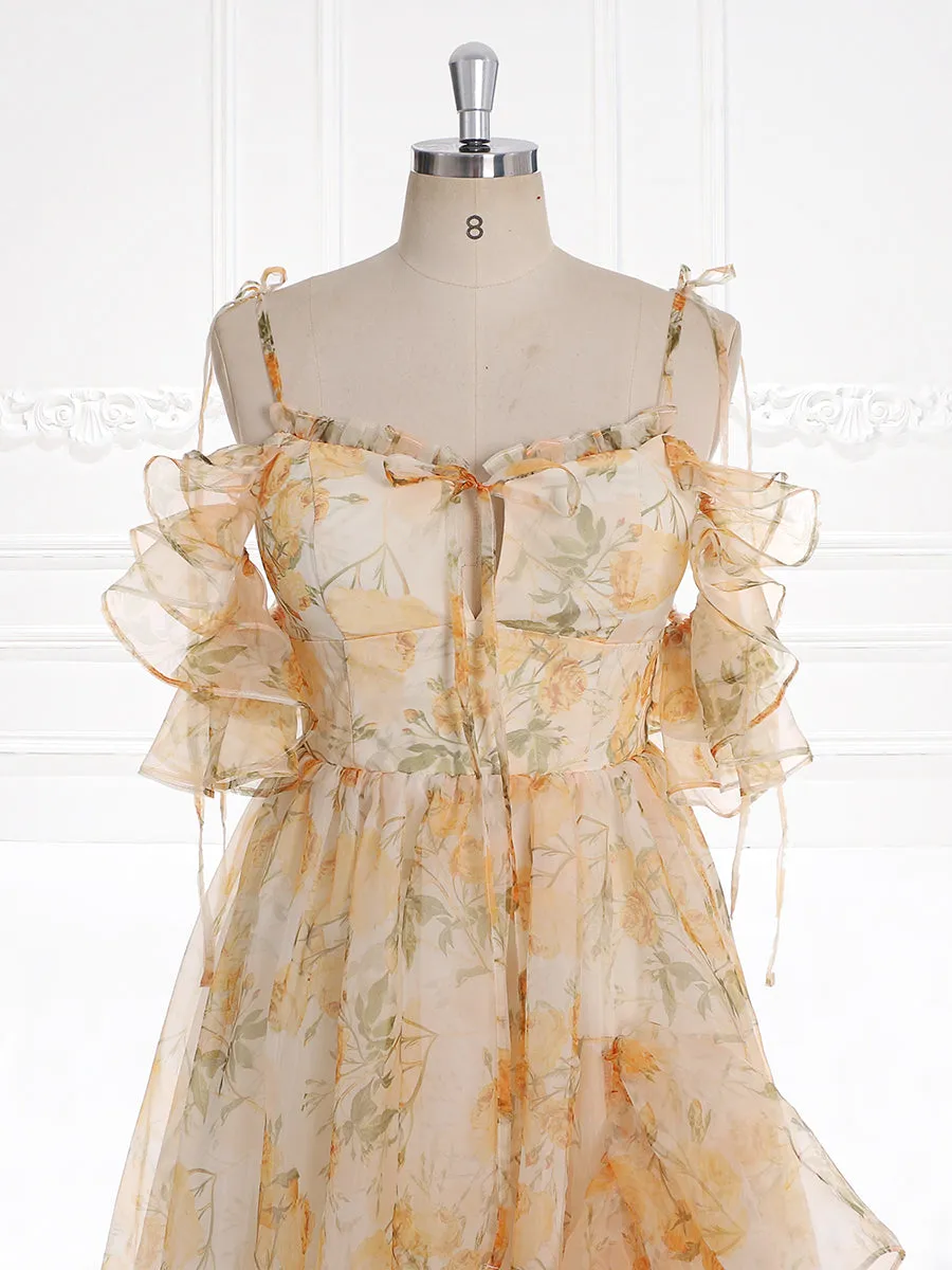 New Printing Floral Woman Dress Side Slit Ruffles Maxi Photo Shoots Dress Custom Colors YW230506