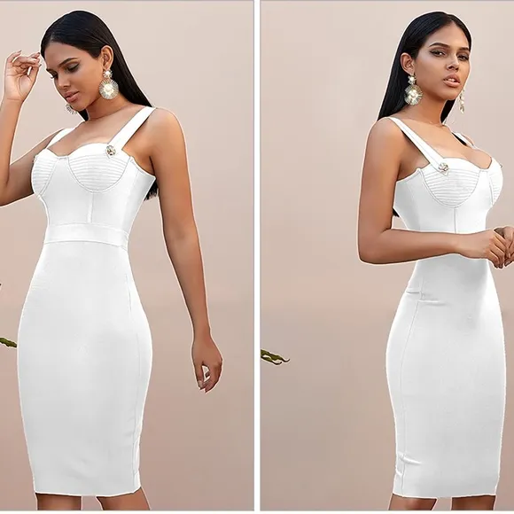 Nude Sleeveless Embellished Bustier Bandage Bodycon Midi Dress