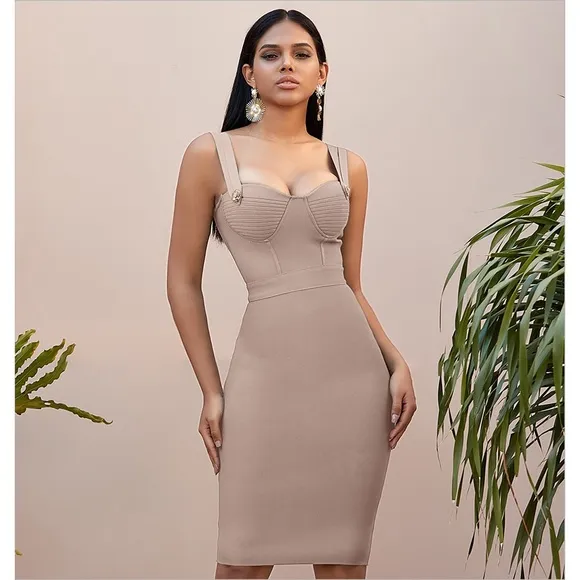 Nude Sleeveless Embellished Bustier Bandage Bodycon Midi Dress