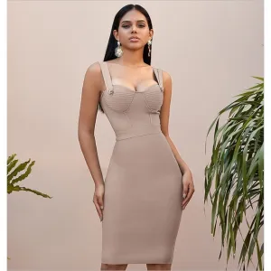 Nude Sleeveless Embellished Bustier Bandage Bodycon Midi Dress