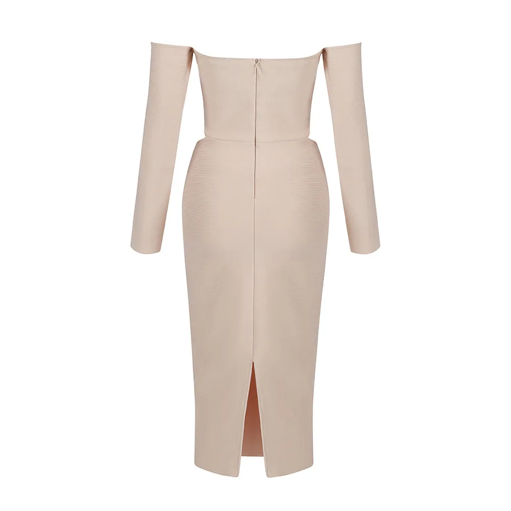 Off Shoulder Long Sleeve Cut Out Midi Bandage Dress