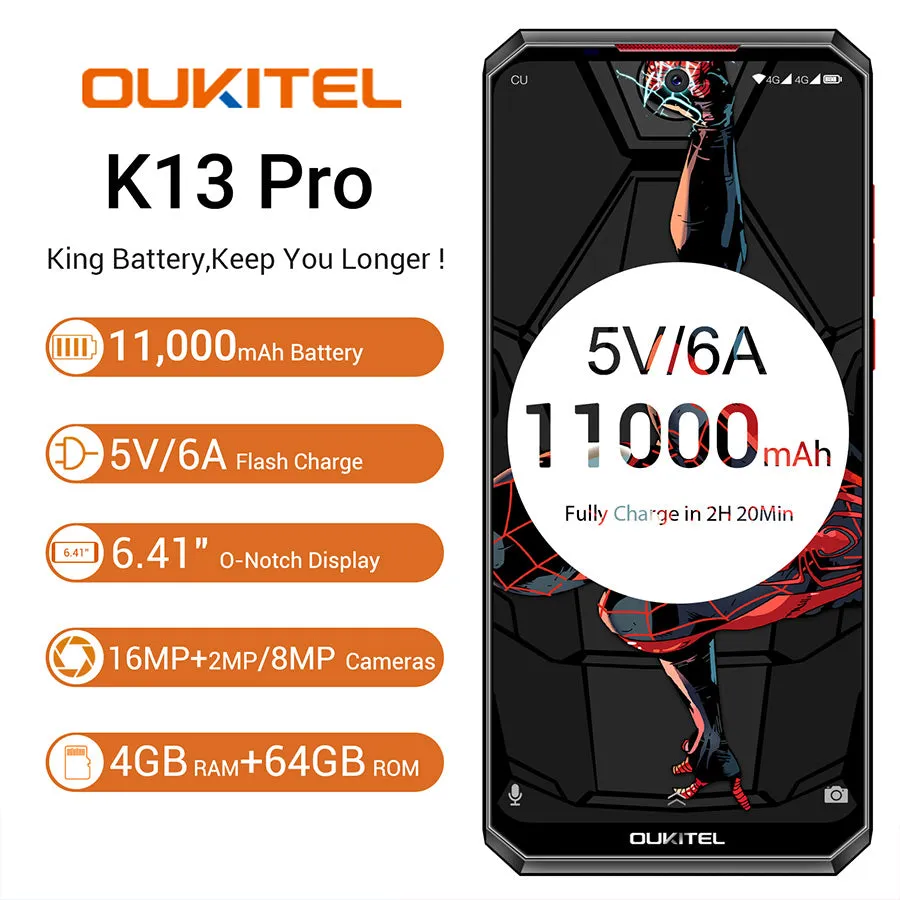 Oukitel K13 Pro Quad Core 6.41 inch 11000mAh Battery 8MP 16MP Camera 1560x720 Resolution 64GB 4GB Mobile Phone Smartphone Leather black