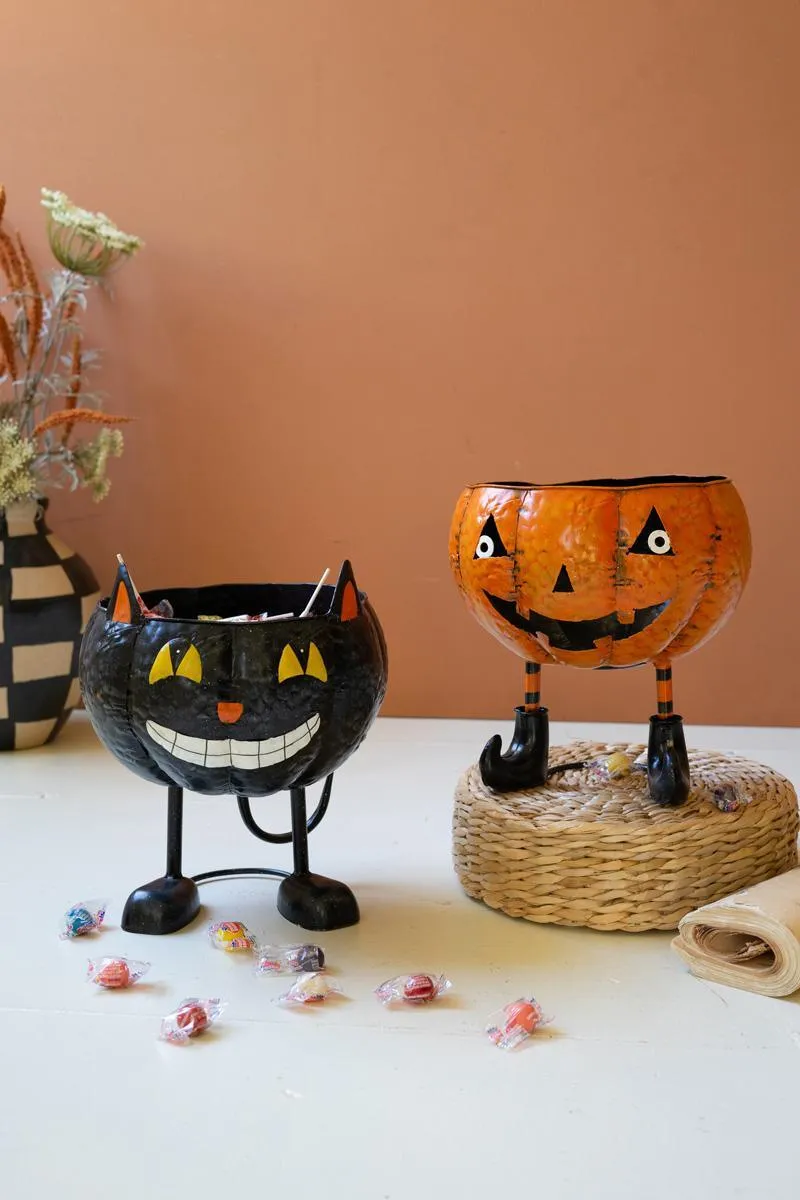 Painted Metal Halloween Bowl / Black Cat