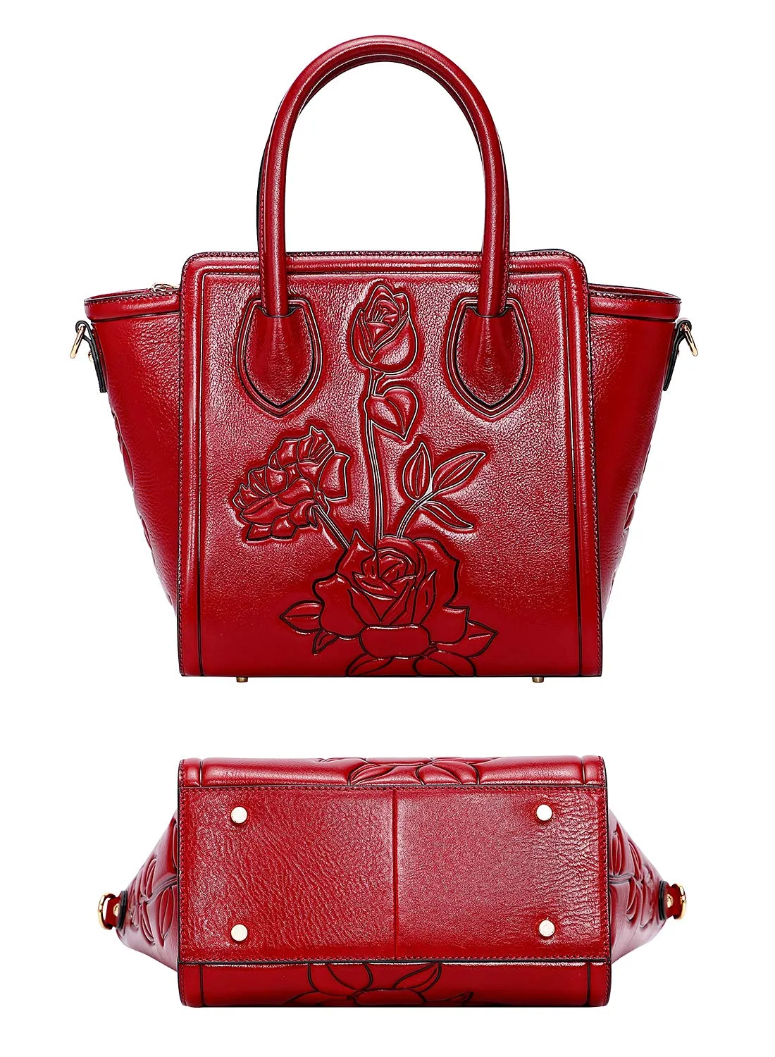 PIJUSHI Leather Handbags for Women Designer Floral Top Handle Shoulder bags for Ladies（19070 Red）