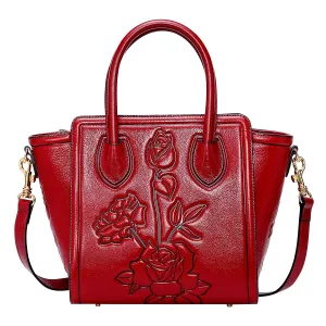 PIJUSHI Leather Handbags for Women Designer Floral Top Handle Shoulder bags for Ladies（19070 Red）