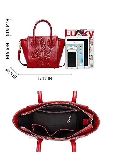 PIJUSHI Leather Handbags for Women Designer Floral Top Handle Shoulder bags for Ladies（19070 Red）