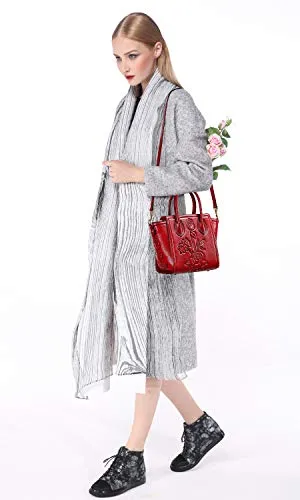 PIJUSHI Leather Handbags for Women Designer Floral Top Handle Shoulder bags for Ladies（19070 Red）