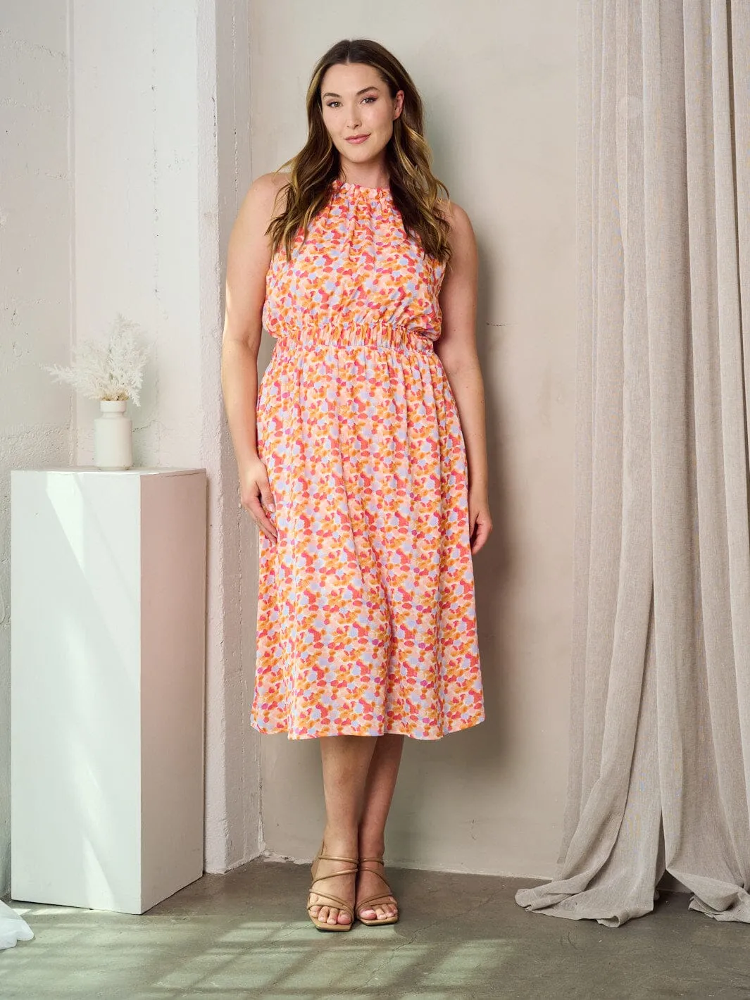 PLUS SIZE SLEEVELESS HALTER NECK FLORAL MIDI DRESS