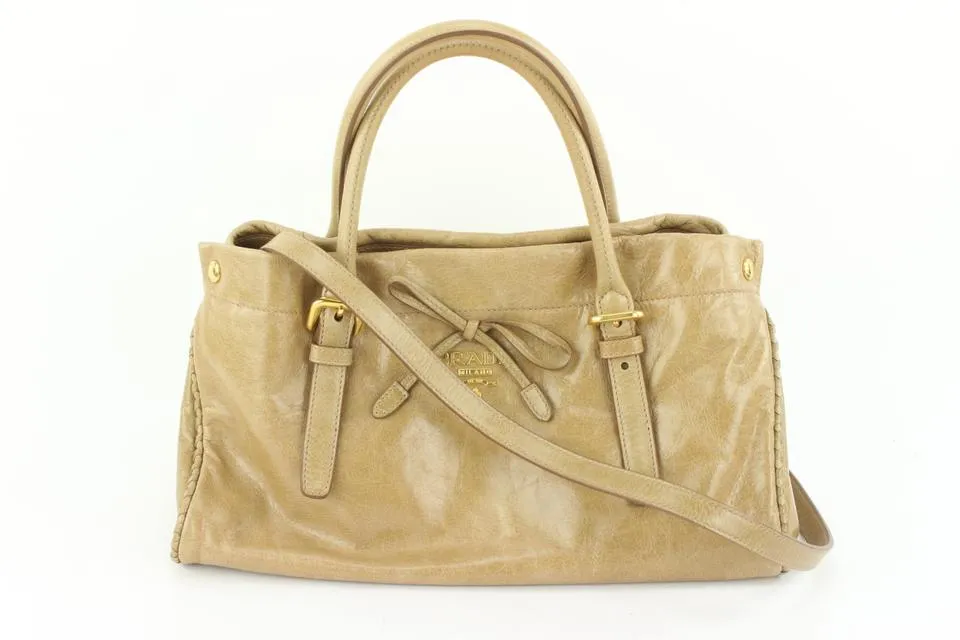 Prada BN1866 Beige Vitello Shine Leather Bow Shopping Bag with Strap 459pr6