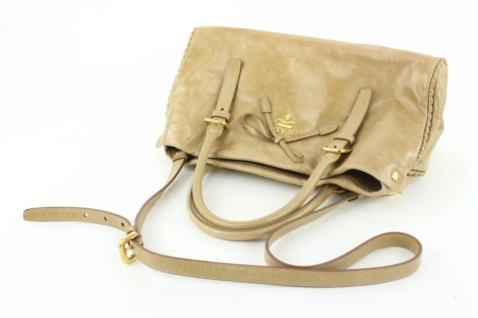 Prada BN1866 Beige Vitello Shine Leather Bow Shopping Bag with Strap 459pr6