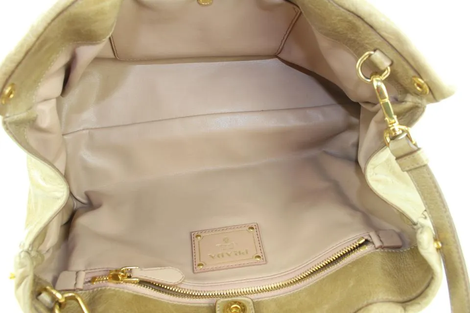 Prada BN1866 Beige Vitello Shine Leather Bow Shopping Bag with Strap 459pr6