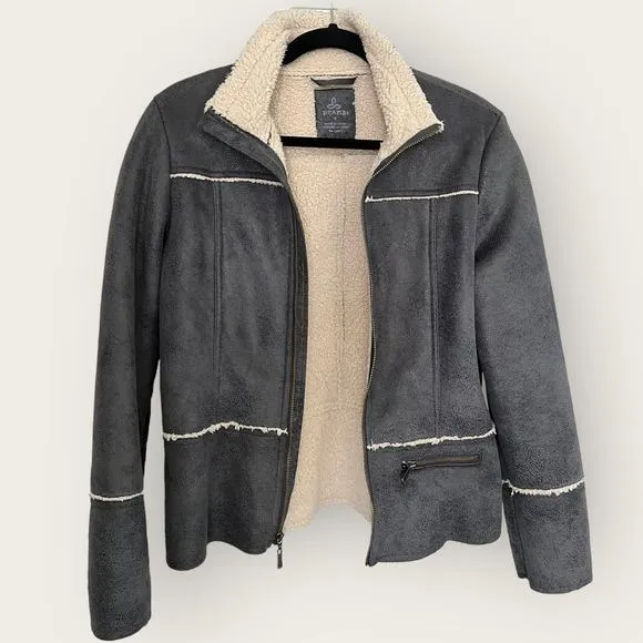 prAna Esme Faux Suede Moto Jacket | Medium | Gray Sherpa Lined Zip Mock Winter